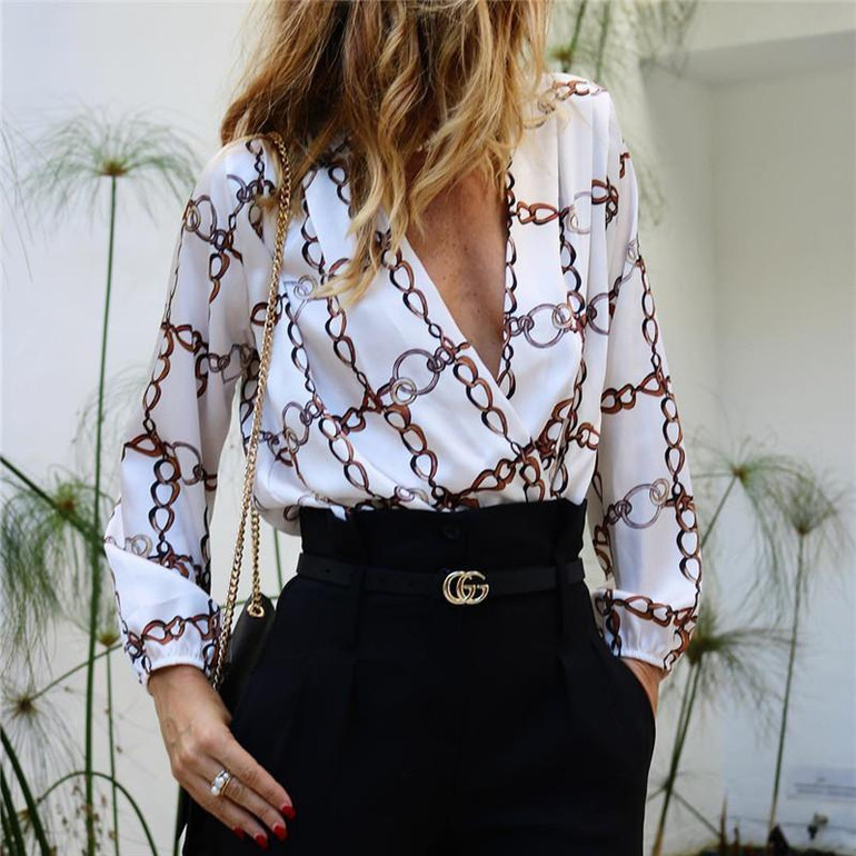 Fashion V Collar Long-Sleeved Print Shirt