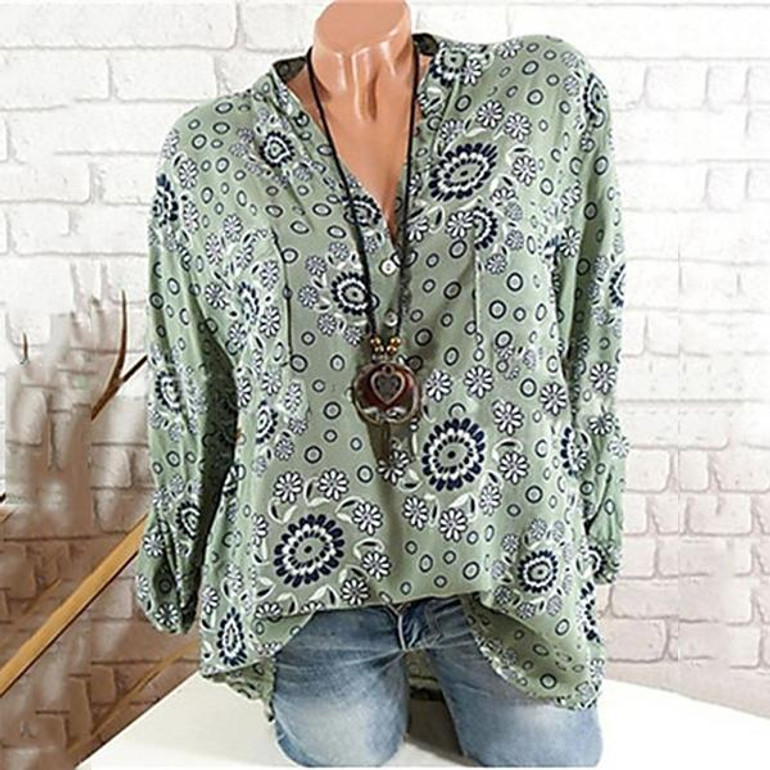 Printed Long Sleeve V-Neck Blouses