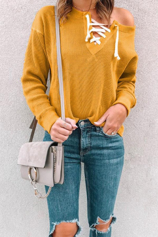 V Neck  Lace Up  Plain T-Shirts