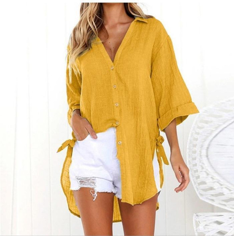 Autumn Spring  Cotton  Women  Fold-Over Collar  Plain  Long Sleeve Blouses