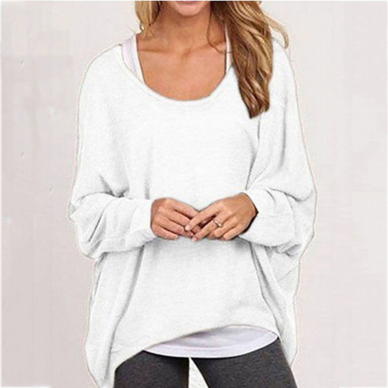 Round Neck  Asymmetric Hem  Plain  Batwing Sleeve Sweaters