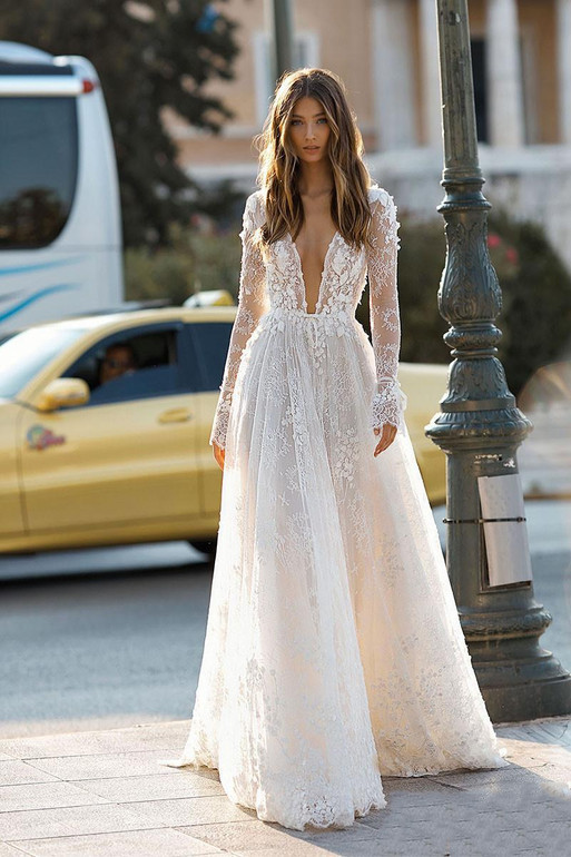 Elegant Deep V Neck Backless 3D Flora Beach Bridal Gown