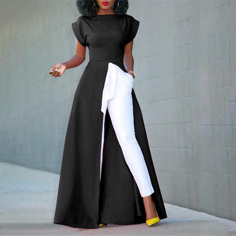Fashion Round Neck Short Sleeve High Slit Zipper Solid Color Sexy Blouse
