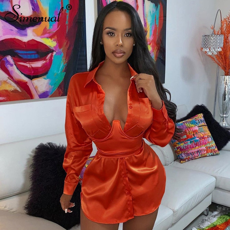 Simenual Sexy Hot Clubwear Women Satin Dress Fashion Deep V Neck Bodycon Party Dresses 2019 Autumn Long Sleeve Silk Mini Dress