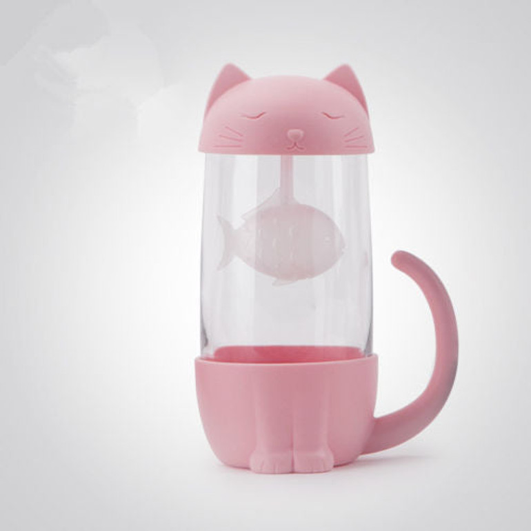 Cute Cat Glass Tea Mug With Infuser Strainer Filter