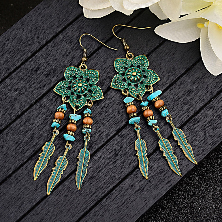 Antique Green Flower Boho Dangle Drop Earrings