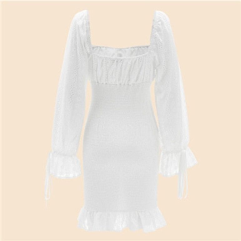 Vintage White Lace Eyelet Square Neck Bell Sleeve Dress