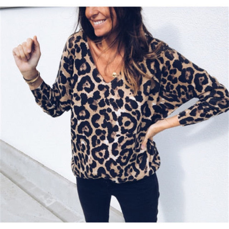 Fashion stretchable Leopard V Neck Tops
