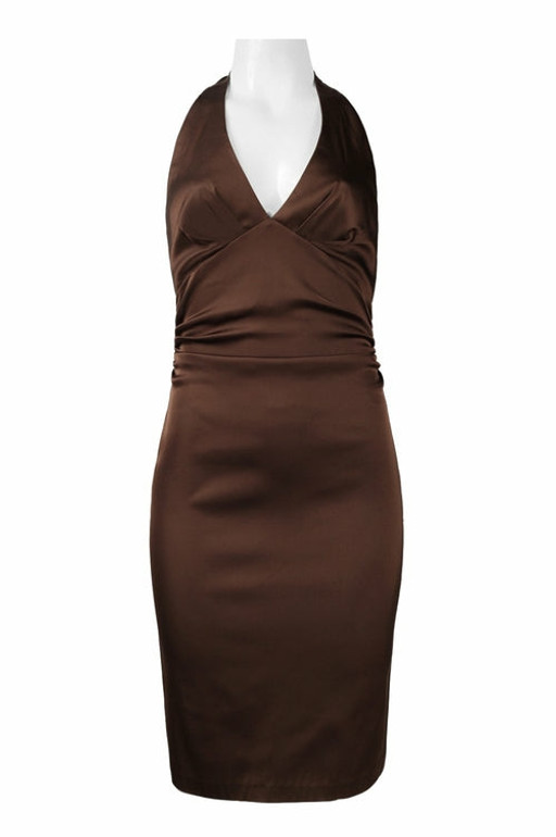 Donna Ricco Halter Neck Open Back Ruched Solid Satin Dress (Petite)
