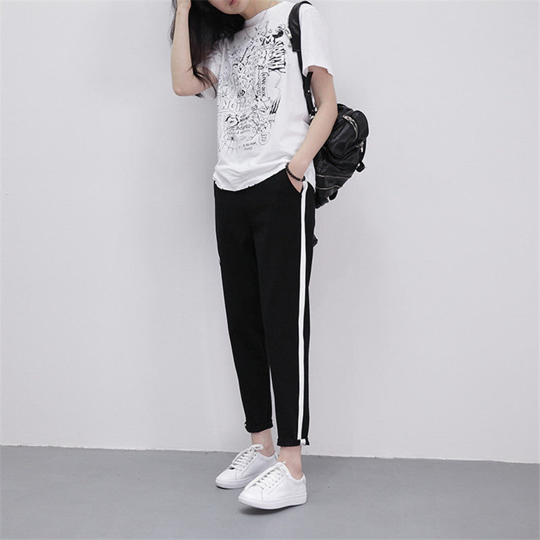 Women Casual Harem Loose Trousers Black Striped Side Spring Sweatpants Pants