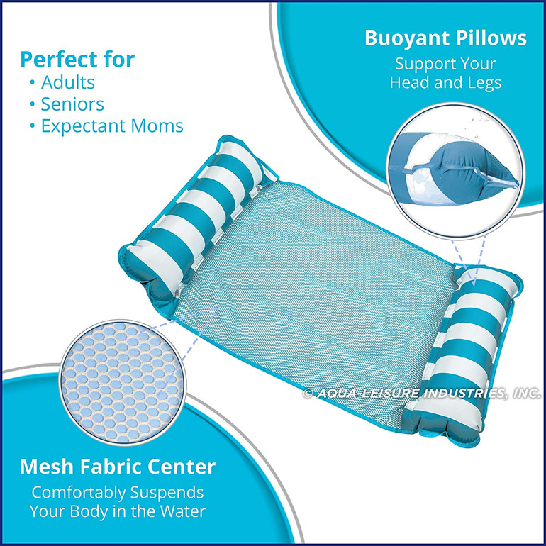 Aqua 4-in-1 Monterey Hammock Inflatable Pool Float, Multi-Purpose Pool Hammock (Saddle, Lounge Chair, Hammock, Drifter) Pool Chair, Portable Water Hammock, Light Blue/White Stripe