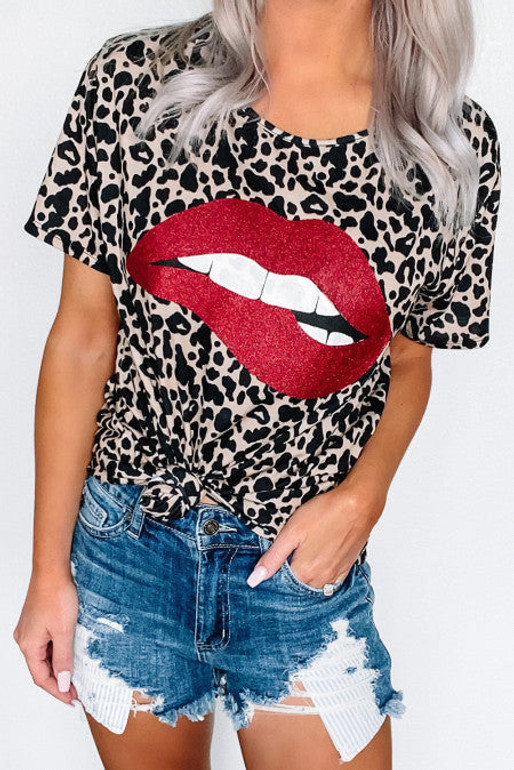 Leopard Print biting Red lip tee