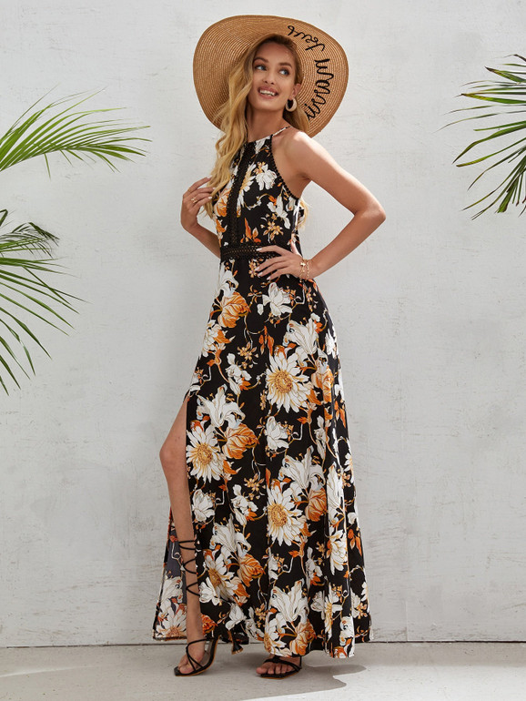 Tie Back Lace Insert Split Thigh Floral Cami Dress