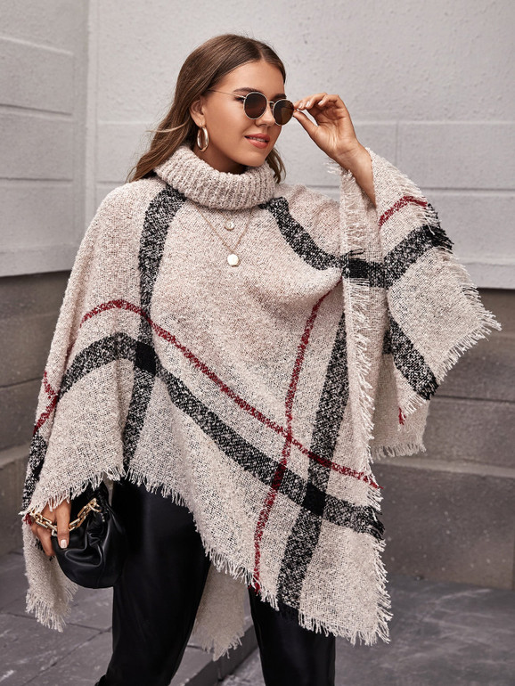 Plus Plaid Turtleneck Distressed Poncho Sweater