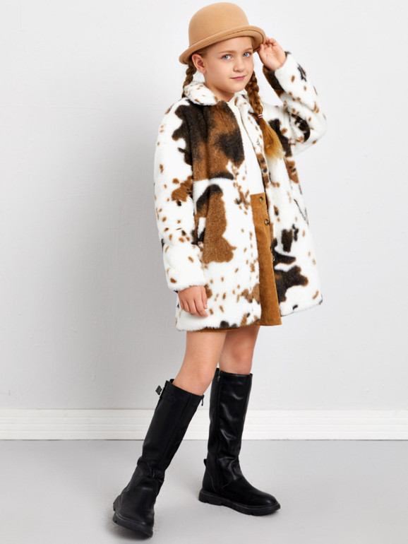 Girls Single Breasted Colorblock Faux Fur Coat
