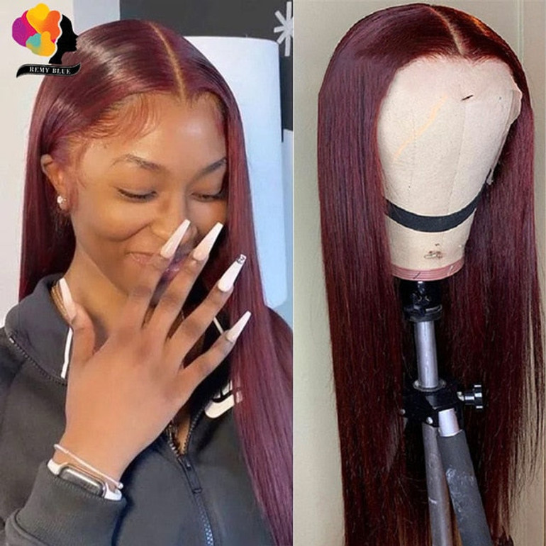 Peruvian Straight Hair 13X1 Lace Front Wig Human Hair Wigs 99J Red Burgundy Pre-Plucked 180% Remy Human Hair Deep Part Wigs