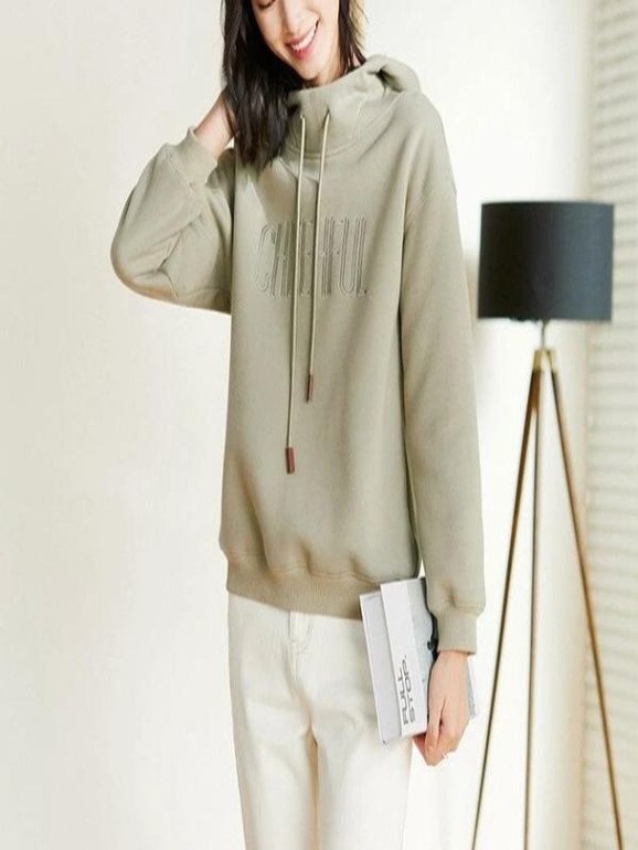 Casual Letter Printed Loose Hooded Blouse