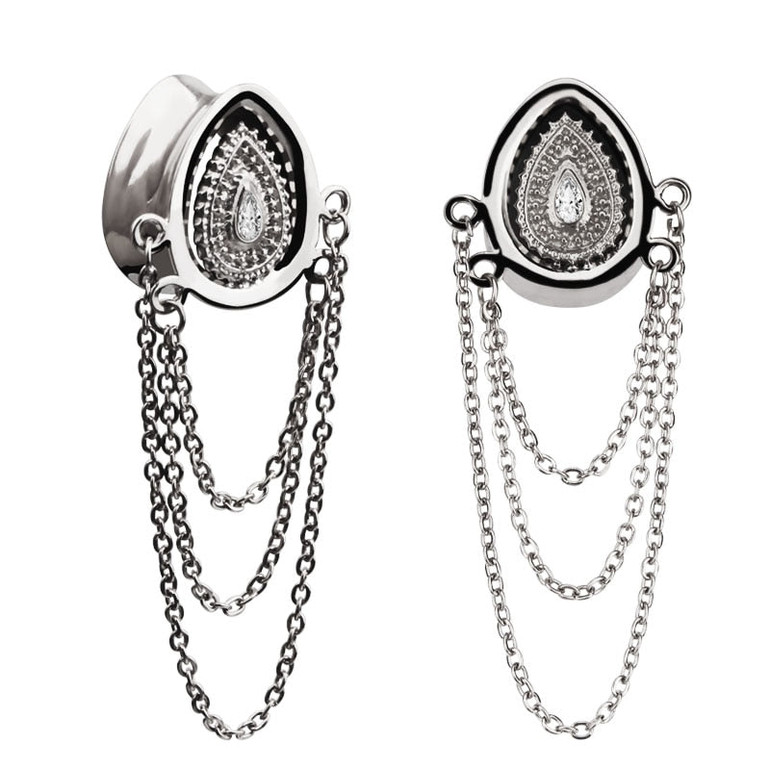 Stainless Steel Tear-Shaped Ear Gauge Plug Double Flared Zircon