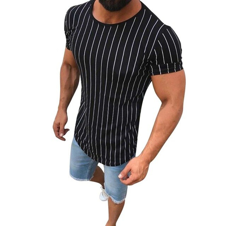 Men Striped Short Sleeve Crew Neck Slim Fit Muscle T-shirt