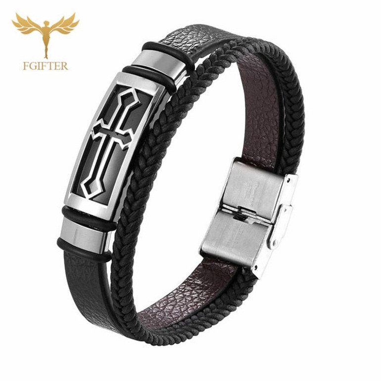 Jesus Christian Cross Jewelry for Men Women Leather Cuff Bracelet Multi Layer Bracelets Stainless Steel Accessories Woman Man