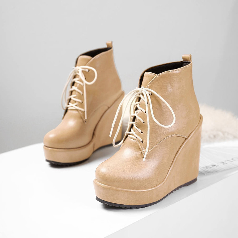 Lace Up Platform Ankle Boots With Wedge Heel For Women