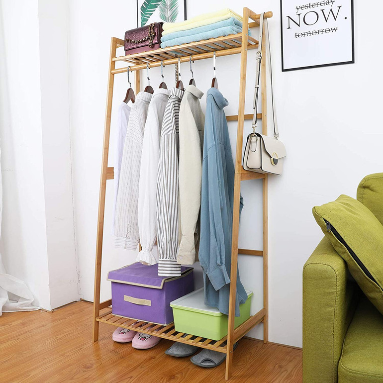 Bamboo Clothes Hanging Rack with 2 Tier Storage Shelves