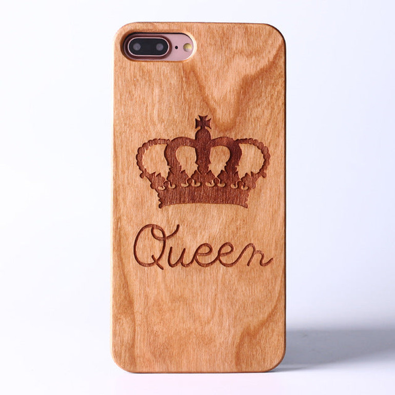 King and Queen Wood Carved iPhone Case for Couples