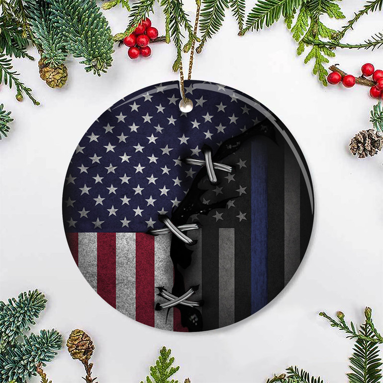 Thin Blue Line And U.S Flag Ornament Old Retro 3D Print Holiday Decor Gift For Family