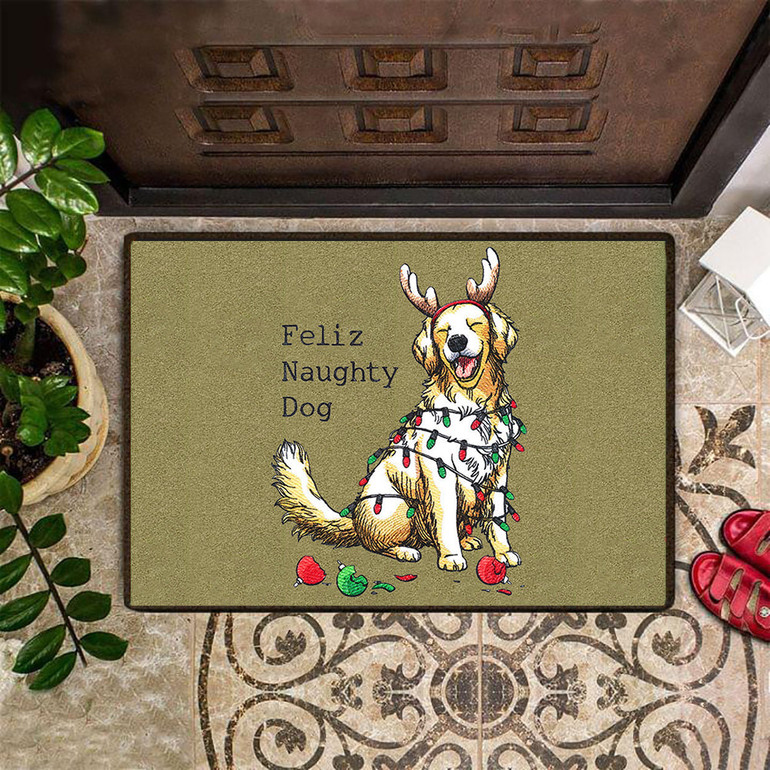 Golden Retriever Feliz Naughty Dog Doormat Cute Reindeer Dog Welcome Door Mat Holiday Gift