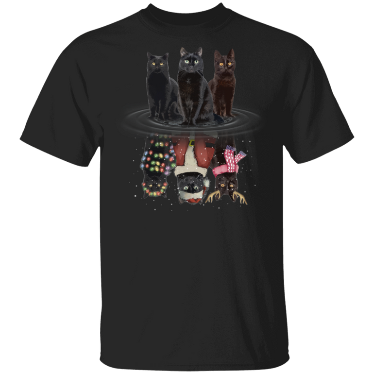 Black Cats Water Reflection Christmas T-Shirt Holiday Gifts Shirt For Cat Lovers Birthday Gifts