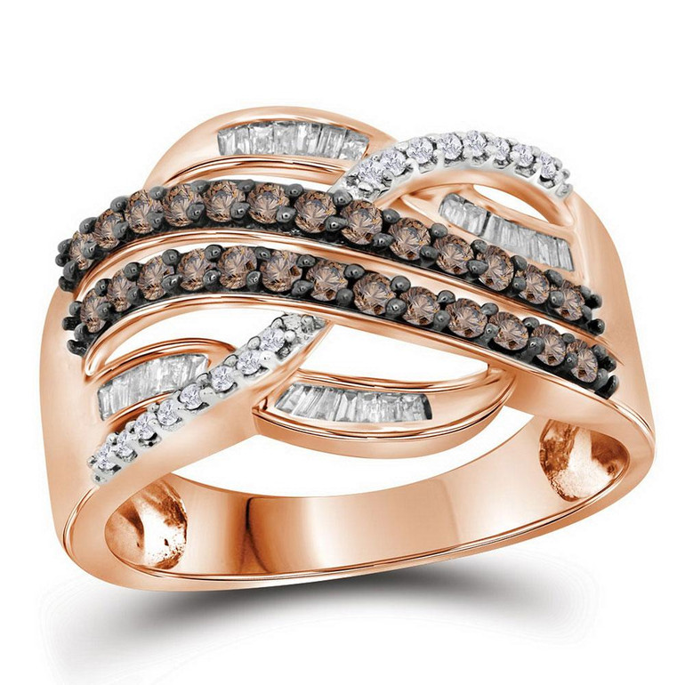 Diamond Band |  10kt Rose Gold Womens Round Brown Diamond Crossover Band Ring 1/2 Cttw |  Splendid Jewellery