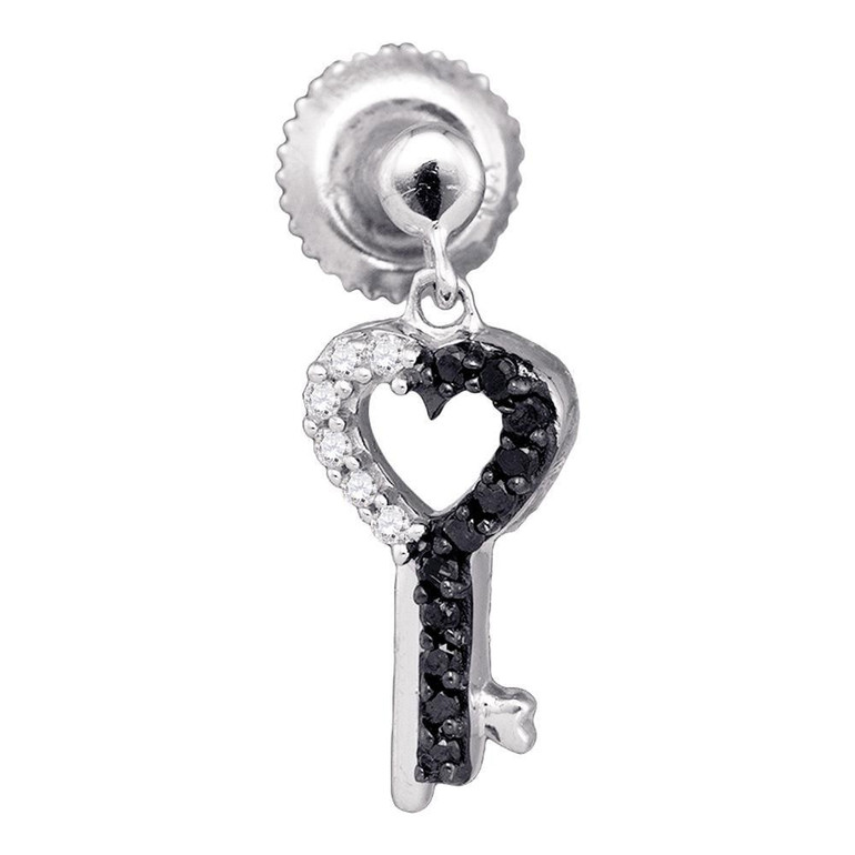 Earrings |  10kt White Gold Womens Round Black Color Enhanced Diamond Key Heart Dangle Earrings 1/6 Cttw |  Splendid Jewellery