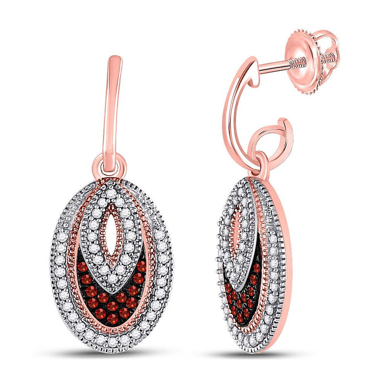 Earrings |  10kt Rose Gold Womens Round Red Color Enhanced Diamond Oval Dangle Earrings 1/3 Cttw |  Splendid Jewellery