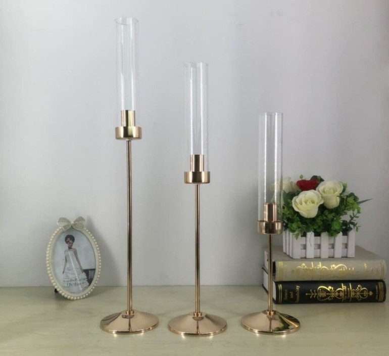 Gold Candlestick Holder with Glass Shades - Set of 3