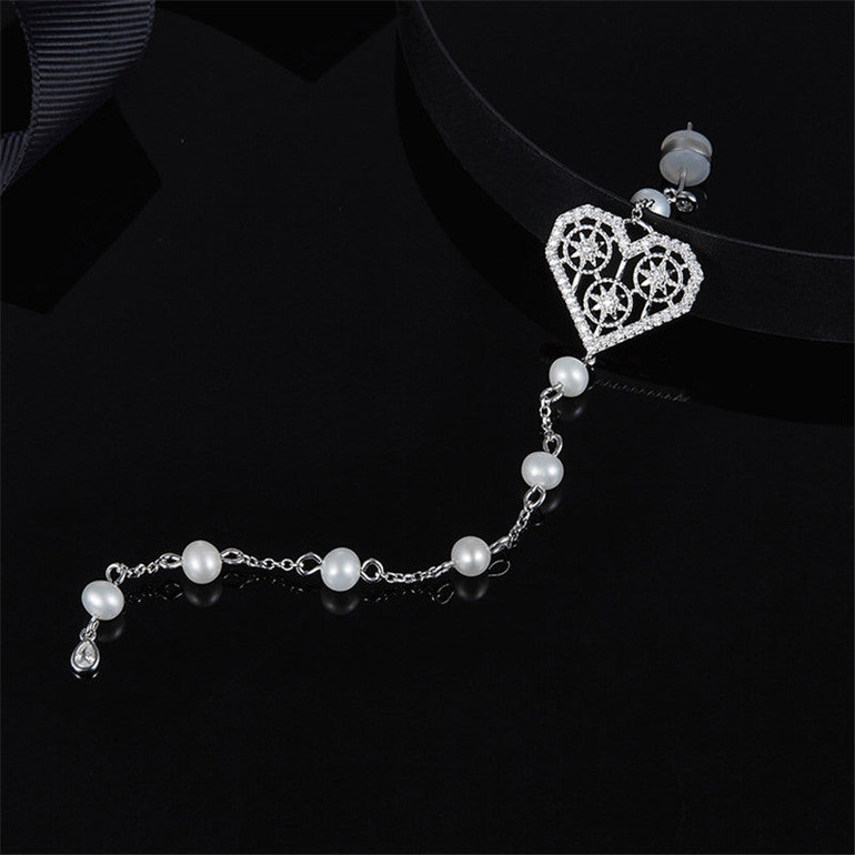 Diamond And Turquoise Pearl Heart Earrings In Sterling Silver