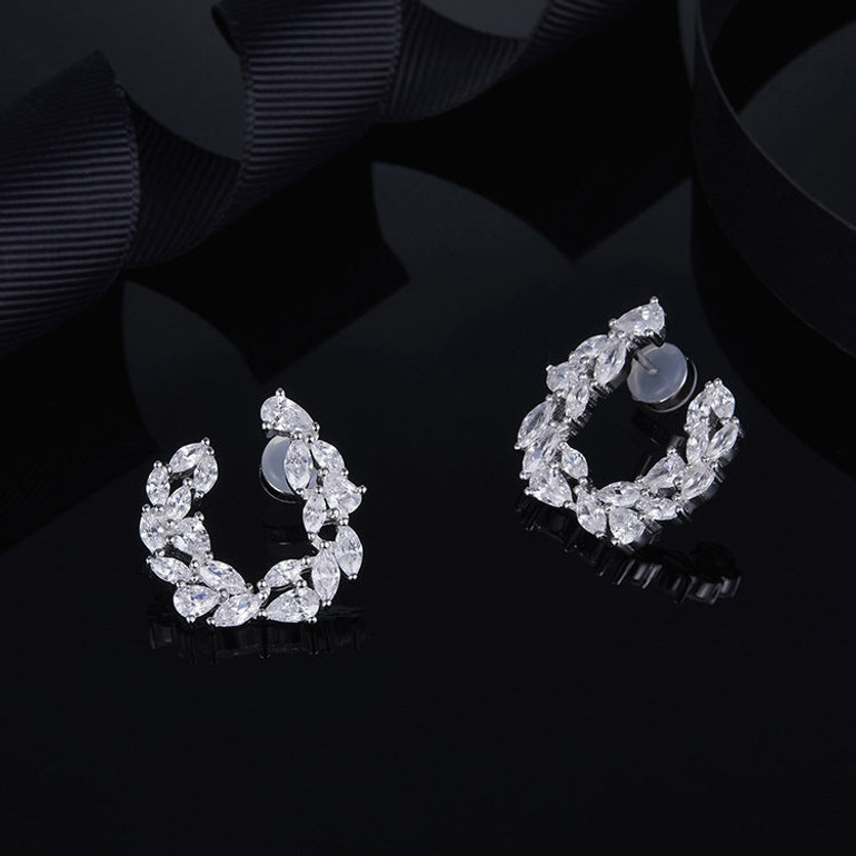 U-shaped Leaf Water Drill White Created Diamond Earrings