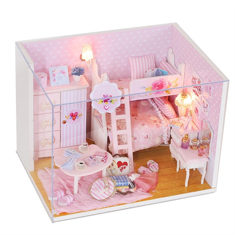 3D Wooden Miniature Dollhouse Furniture Kit Kids DIY Mini Doll House Model Princess Room Kids Toy Birthday Christmas New Year Kids Girls Gift (Pink)