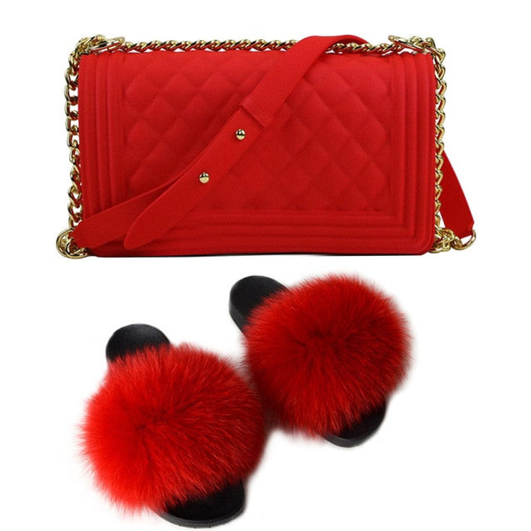 SIZE 6 - Fluffy Fur Slippers & Jelly Crossbody Bag Set