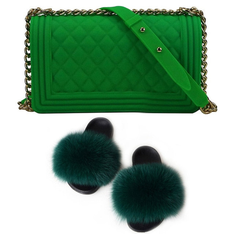 SIZE 7 - Fluffy Fur Slippers & Jelly Crossbody Bag Set