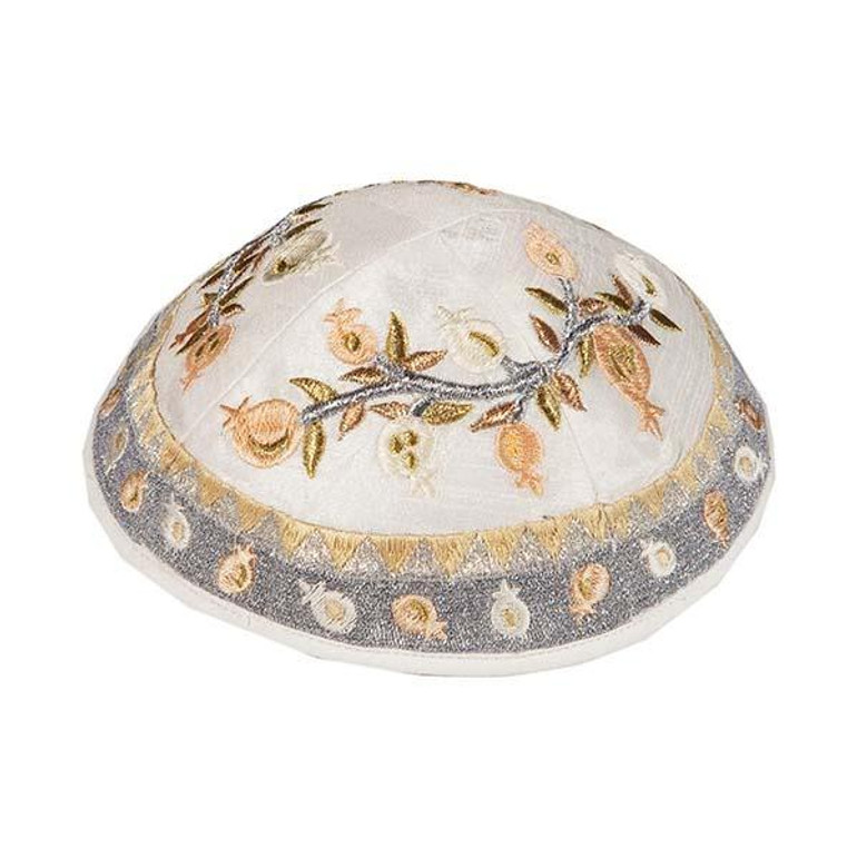 Kippah - Embroidered - Pomegranates - Silver + Gold