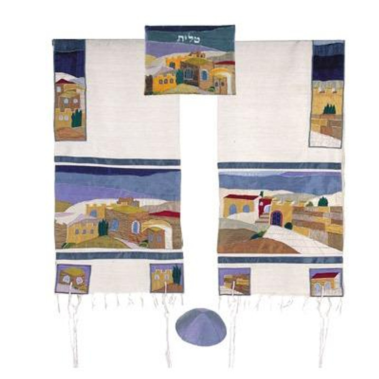 Raw Silk Applique`d Tallit - Jerusalem