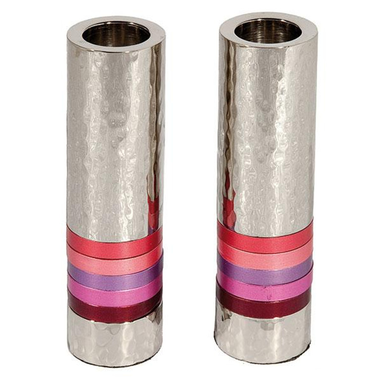 Cylinder Candlesticks - Hammer Work + Rings - Maroon