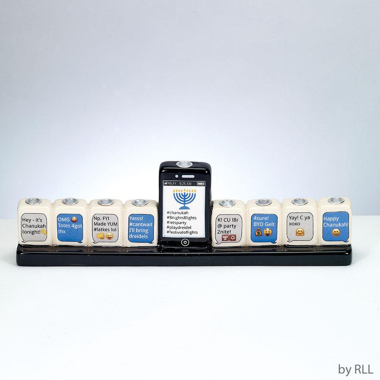 "texting Menorah", Hand Painted Ceramic, 10" X 5", Color Box
