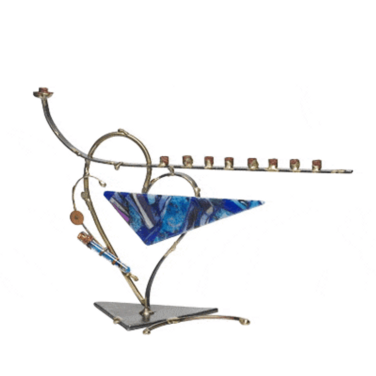 Blue Glass And Fused Metal Heart Wedding Keepsake Menorah By Gary Rosenthal Size: 11.5 L X 19 W X 4.5 H