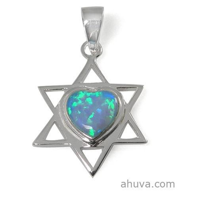 Star Of David Pendant With Opal Heart