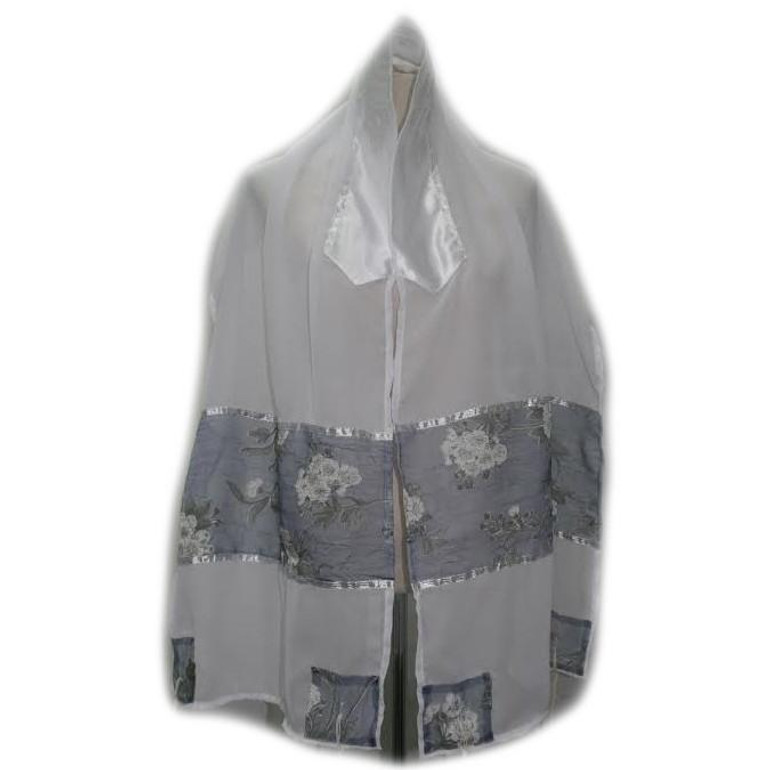 Tallit Set For Women - Organza Gray Blue Florals