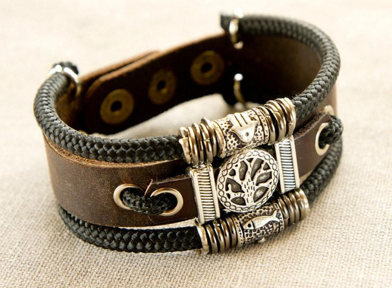 Leather Tree Of Life Bracelet With Hamsa And Fish Leather Tree Of Life Bracelet With Hamsa And Fish