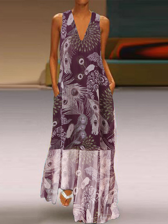 Bohemian Sleeveless V-neck Pocket Floral Print Maxi Dress