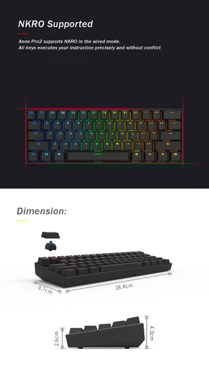 [Gateron Switch]Anne Pro 2 60% NKRO bluetooth 4.0 Type-C RGB Mechanical Gaming Keyboard