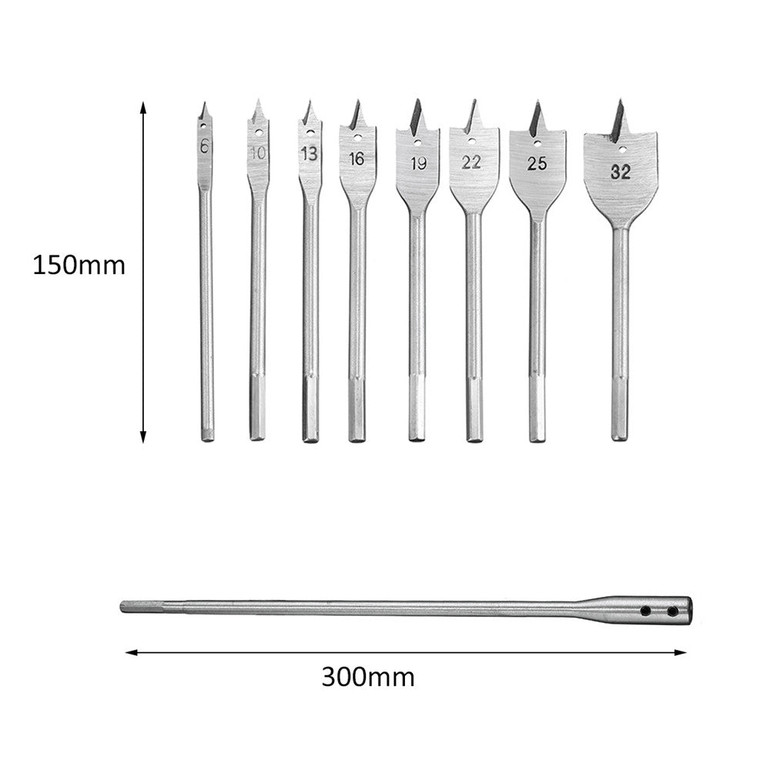10pcs Wood Flat Drill Bit Set 6-32mm with 12 Inch Extension Shank and Hex Wrench for Woodworking